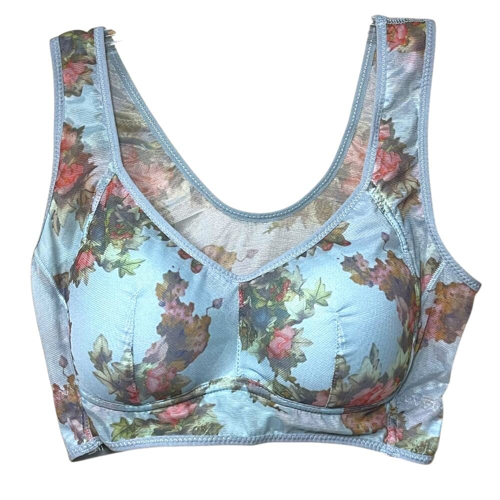 Blue Floral Sports Bra Bralette L Mesh Lined Stretch Yoga Lounge